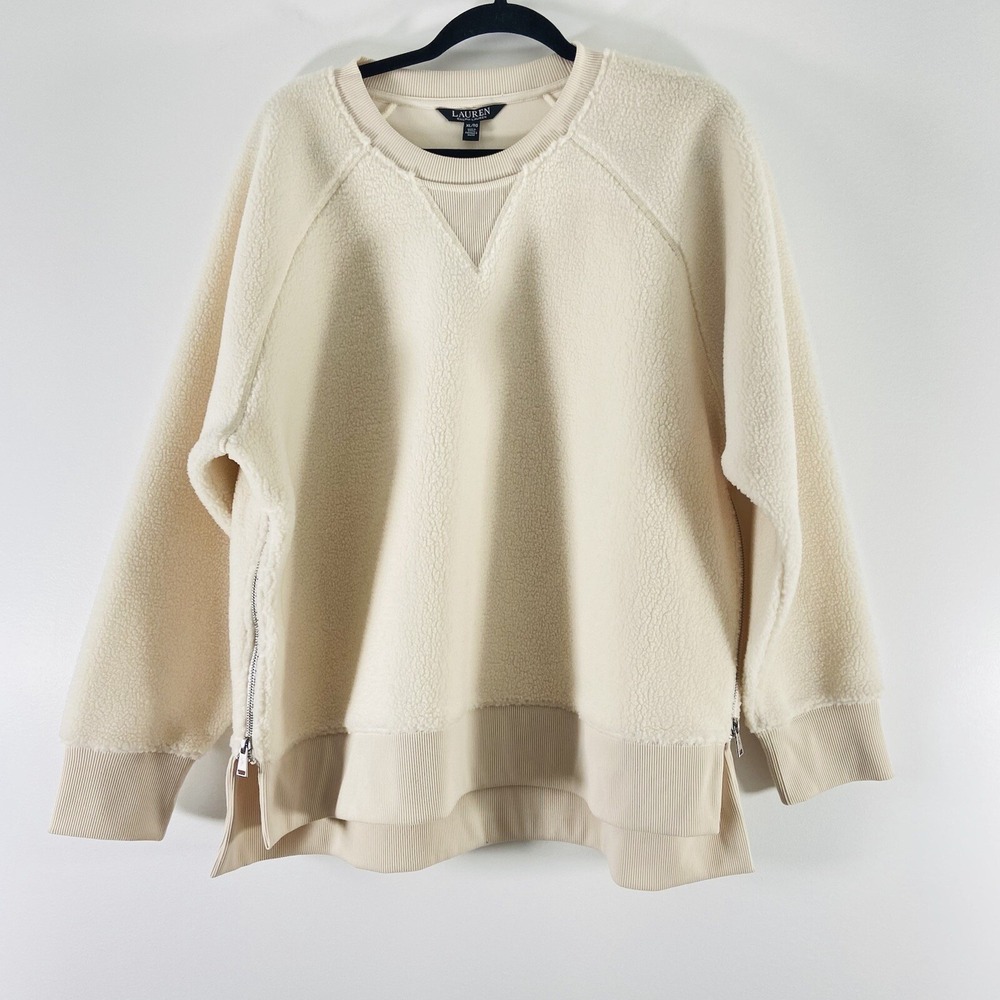 Lauren Ralph Lauren Fleece Sweatshirt Women's XL Cream Crew Neck Double Zip New
